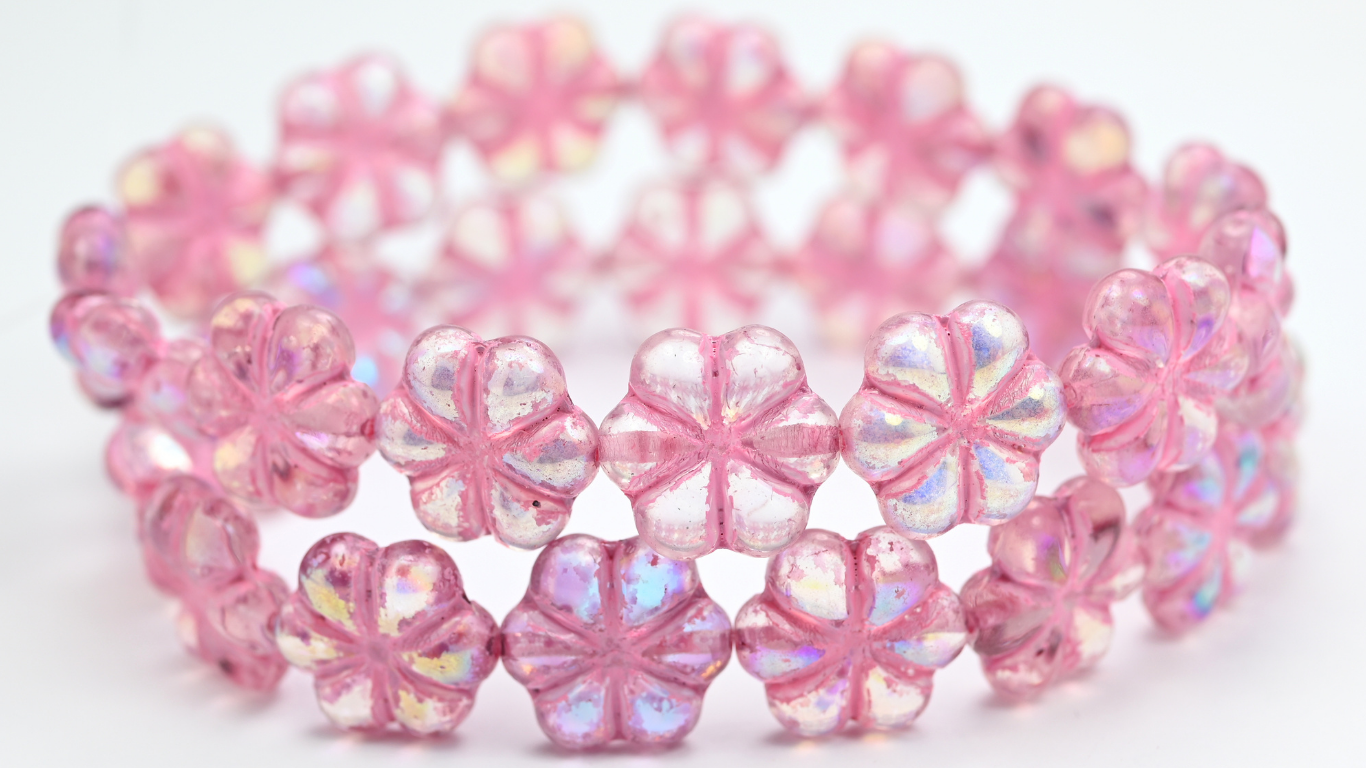 6-Petal Flower Pressed Beads, Crystal Light Fuchsia Pink 47570 Ab (00030-34306-47570-AB), Glass, Czech Republic ~ STRANDED
