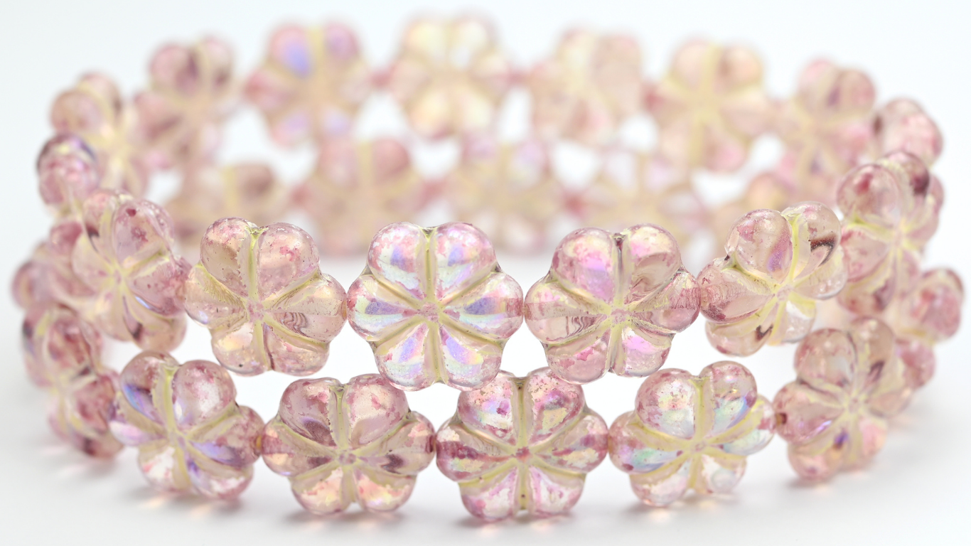 6-Petal Flower Pressed Beads, Crystal Light Fuchsia Pink Beige Lined Ab (00030-34306-54311-AB), Glass, Czech Republic ~ STRANDED