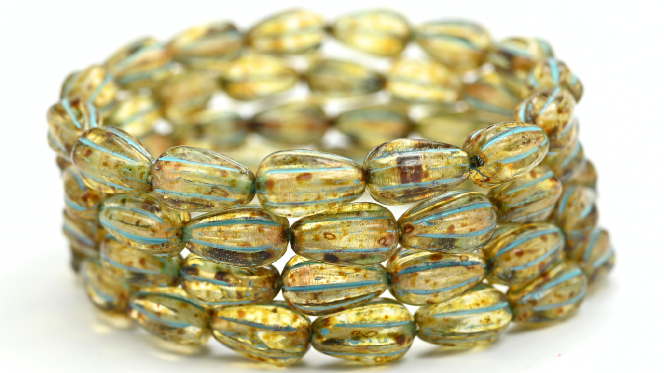 Drop Melon Beads, Crystal Travertin Light Blue Lined (00030-86-54308), Glass, Czech Republic ~ STRANDED