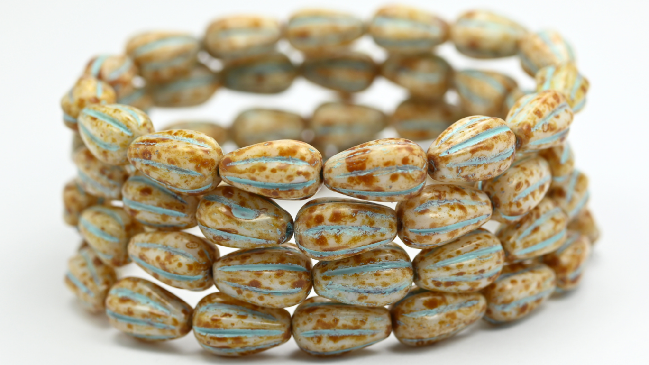 Drop Melon Beads, White Travertin Light Blue Lined (02010-86-54308), Glass, Czech Republic ~ STRANDED