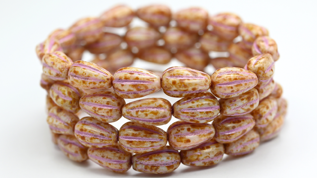 Drop Melon Beads, White Travertin Pink Lined (02010-86-54321), Glass, Czech Republic ~ STRANDED