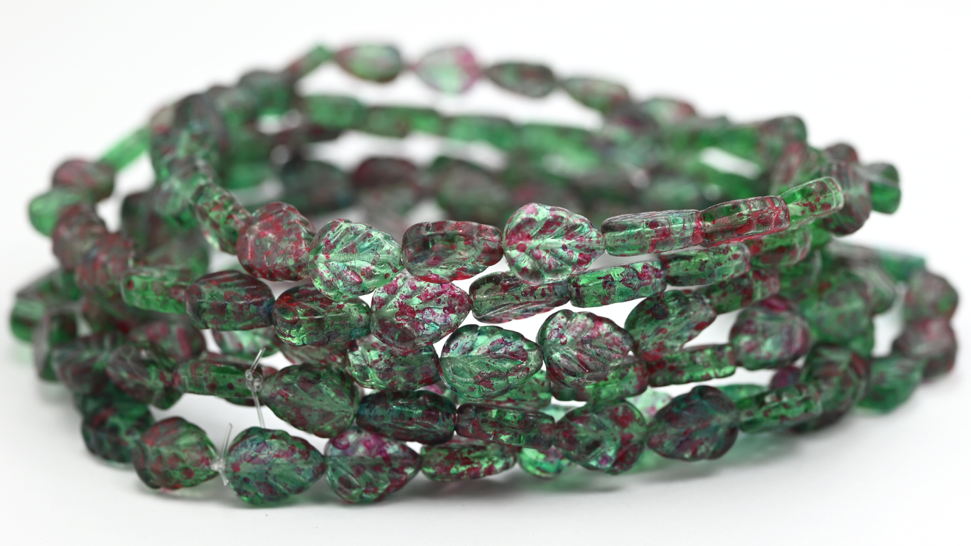 Lilac Leaf Pressed Glass Beads, Transparent Green 48502 (108-50500-48502), Glass, Czech Republic ~ STRANDED