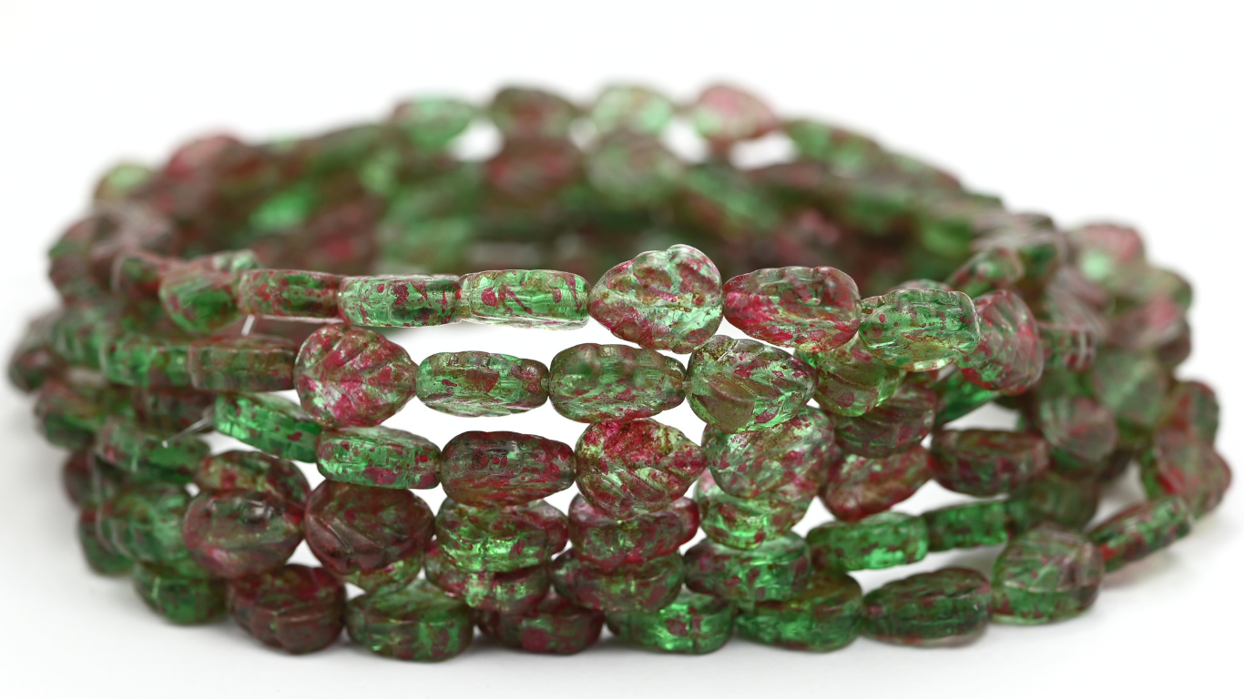 Lilac Leaf Pressed Glass Beads, Transparent Green 48506 (108-50500-48506), Glass, Czech Republic ~ STRANDED