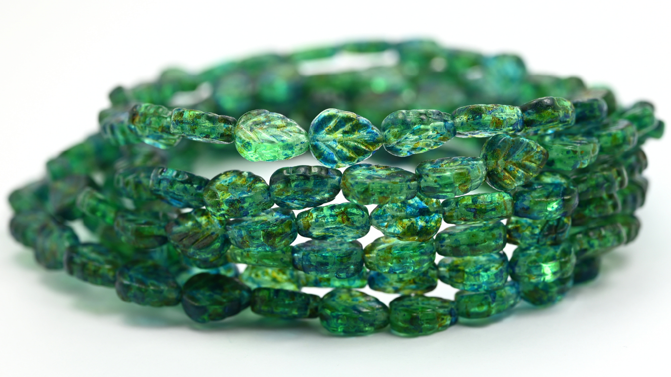 Lilac Leaf Pressed Glass Beads, Transparent Green 48512 (108-50500-48512), Glass, Czech Republic ~ STRANDED