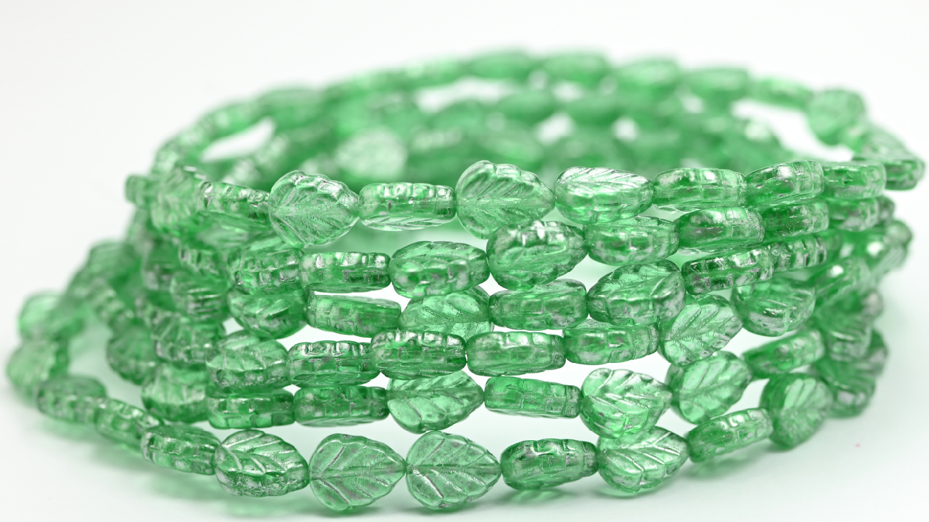 Lilac Leaf Pressed Glass Beads, Transparent Green Silver Splash (108-50500-86700), Glass, Czech Republic ~ STRANDED