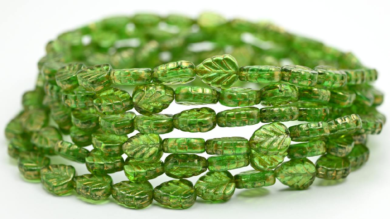 Lilac Leaf Pressed Glass Beads, Transparent Green Gold Splash (108-50500-86720), Glass, Czech Republic ~ STRANDED