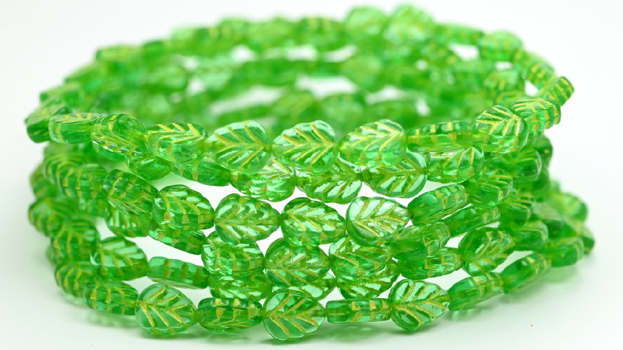 Lilac Leaf Pressed Glass Beads, Transparent Green 54320 (108-50500-54320), Glass, Czech Republic ~ STRANDED