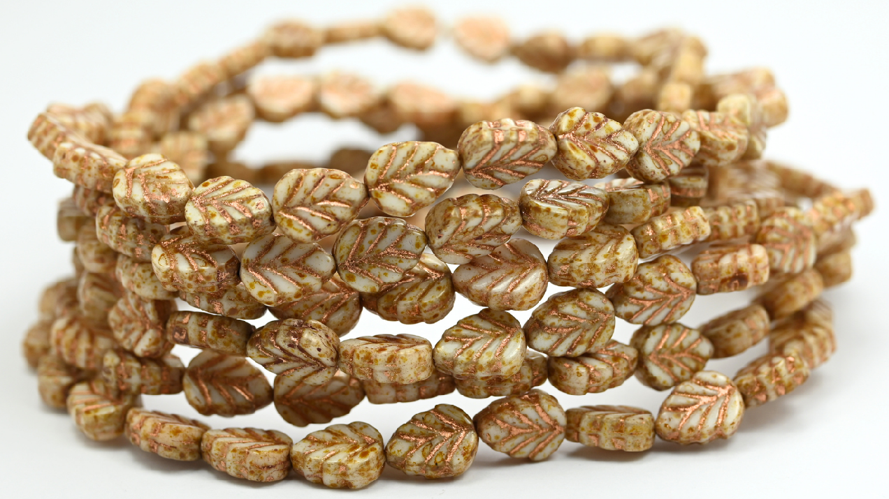 Lilac Leaf Pressed Glass Beads, White Travertin Copper Lined (108-02010-86-54200), Glass, Czech Republic ~ STRANDED