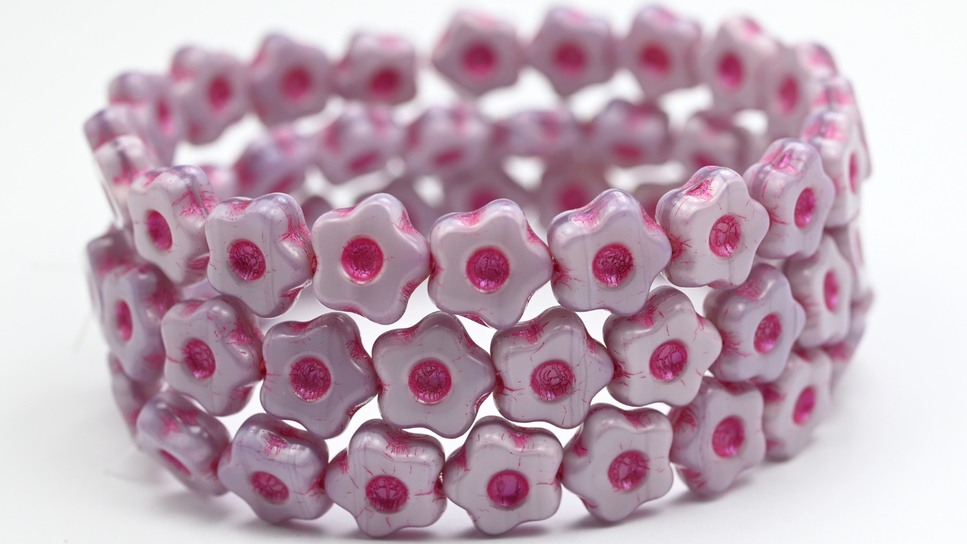 Simple Flower Pressed Glass Beads, Silky Lavender Pink Lined (21350-43807), Glass, Czech Republic ~ STRANDED