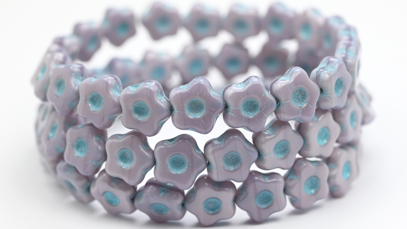 Simple Flower Pressed Glass Beads, Silky Lavender Light Blue Lined (21350-54308), Glass, Czech Republic ~ STRANDED