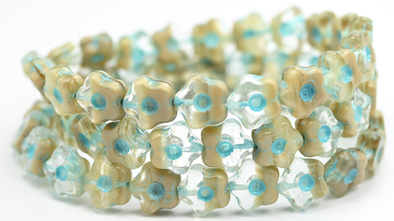 Simple Flower Pressed Glass Beads, Mix Crystal Beige Light Blue Lined (16018-54308), Glass, Czech Republic ~ STRANDED