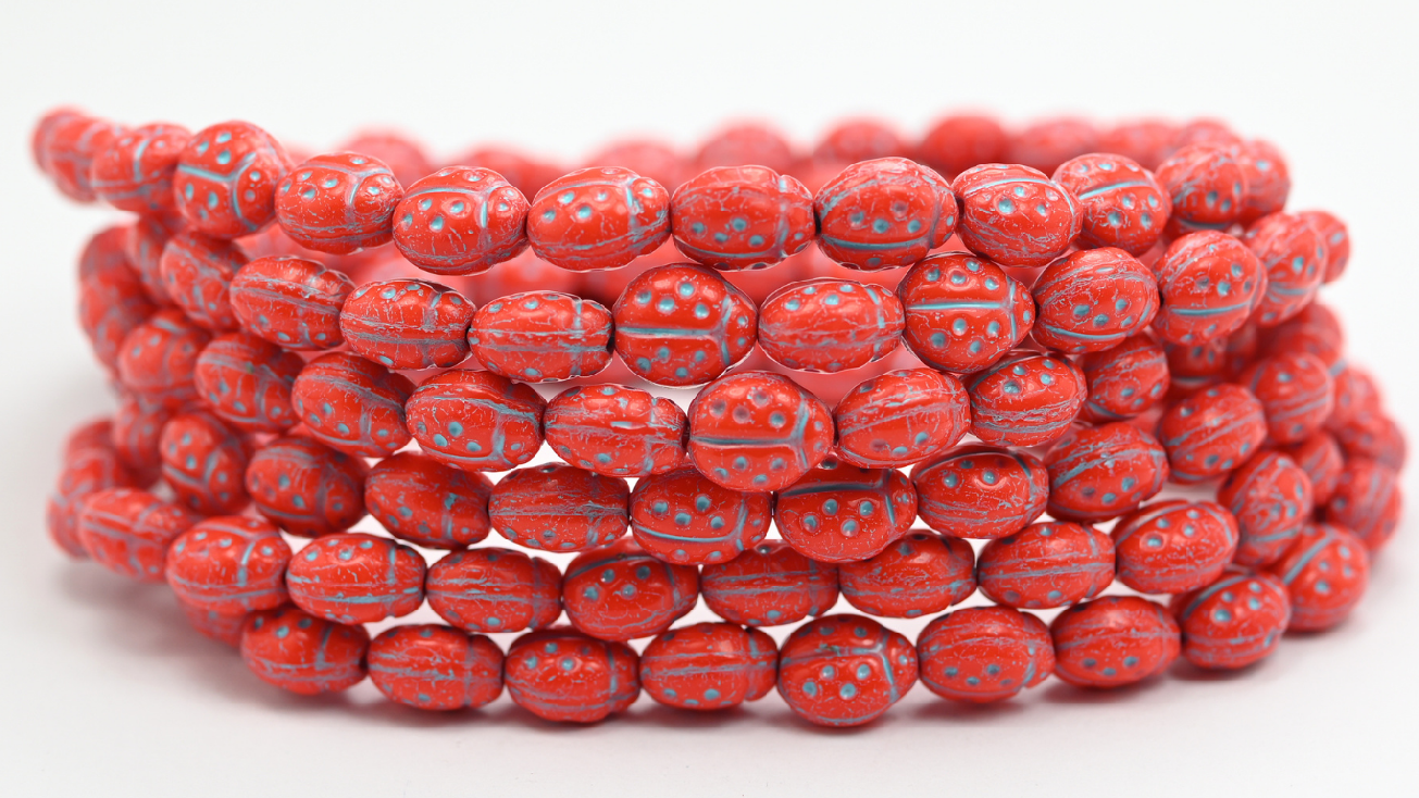 Ladybug Insect Pressed Glass Beads, Opaque Orange Light Blue Lined (97-93160-54308), Glass, Czech Republic ~ STRANDED