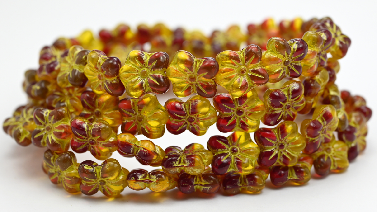 Flower Pressed Glass Beads, Ruby Red 54320 (1412-9008002-54320), Glass, Czech Republic ~ STRANDED