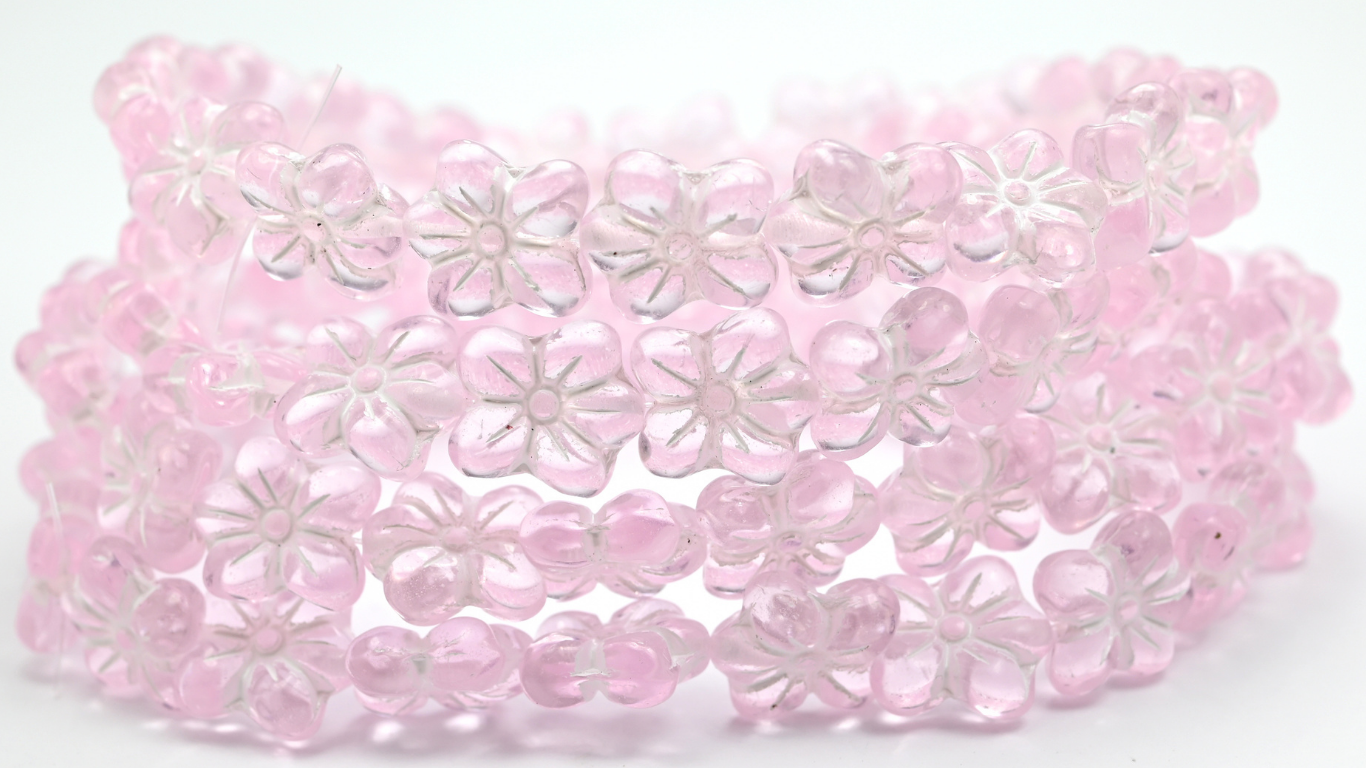 Flower Pressed Glass Beads, Transparent Pink White Lined (1412-70200-54312), Glass, Czech Republic ~ STRANDED