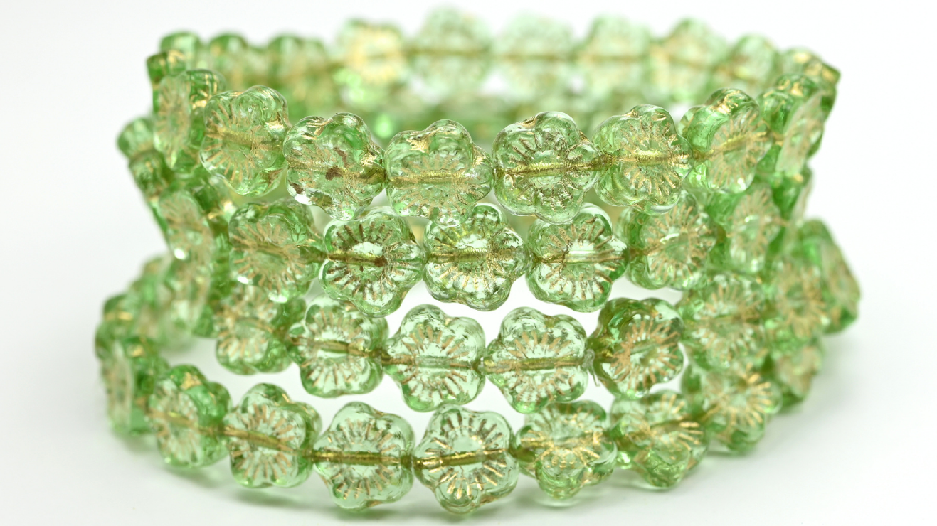 Pressed Beads, Transparent Green Gold Lined (10-50500-54202), Glass, Czech Republic ~ STRANDED