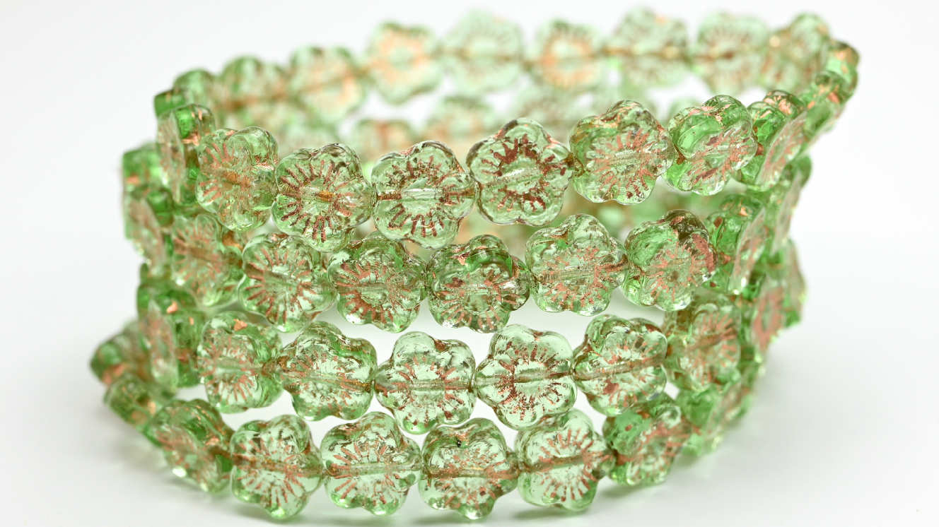 Pressed Beads, Transparent Green Copper Lined (10-50500-54200), Glass, Czech Republic ~ STRANDED