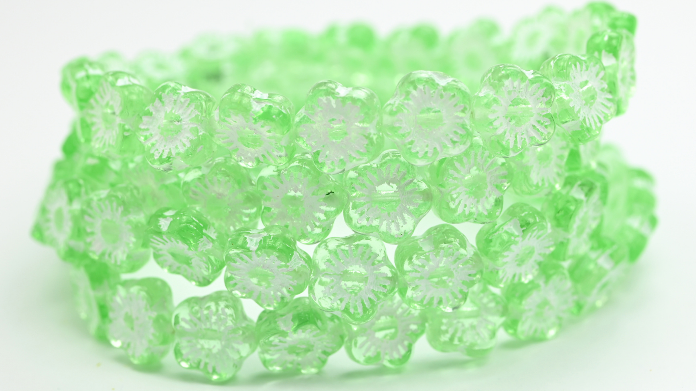 Pressed Beads, Transparent Green White Lined (10-50500-54312), Glass, Czech Republic ~ STRANDED
