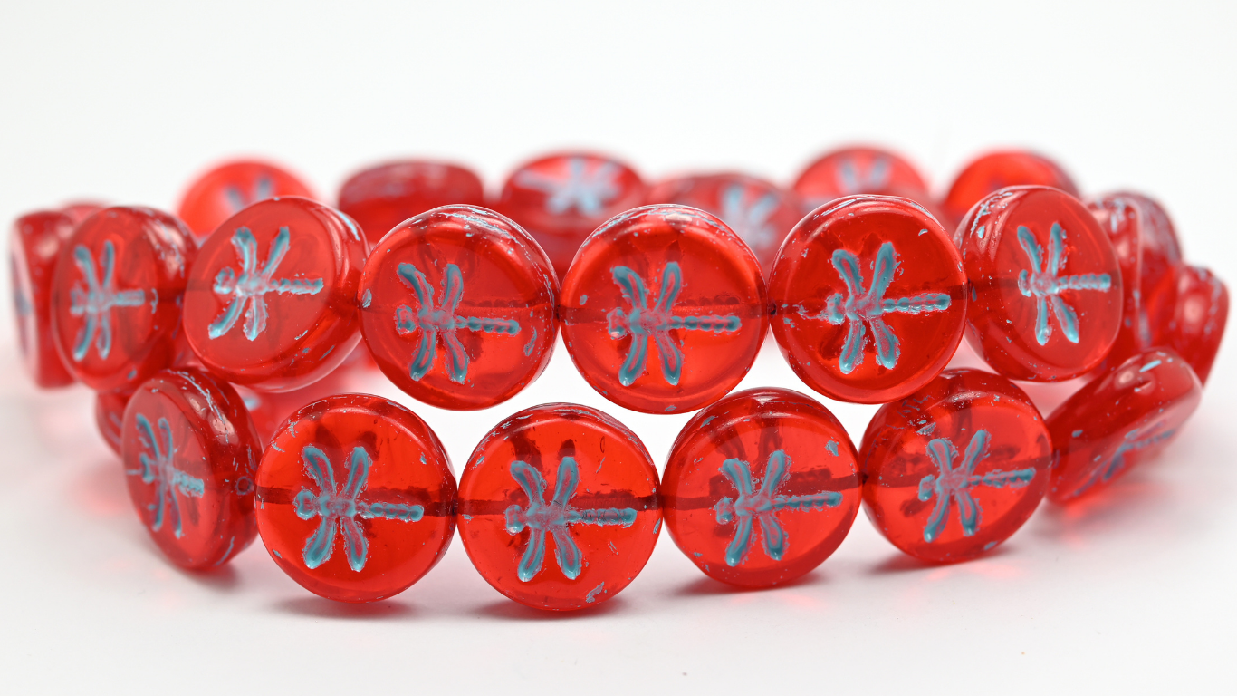 Round Flat Wit Dragonfly Pressed Glass Beads, Transparent Red Light Blue Lined (90060-54308), Glass, Czech Republic ~ STRANDED
