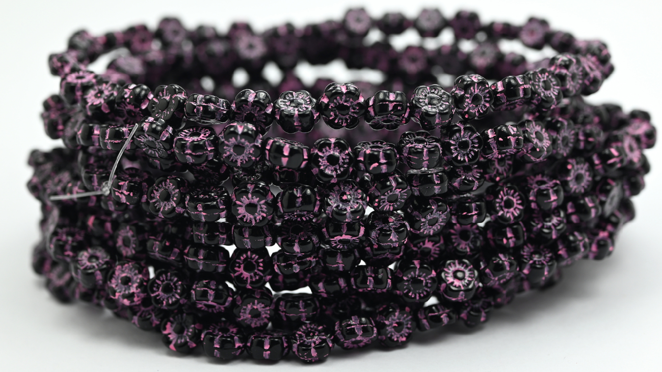 Hawaii Flower Pressed Glass Beads, Black 47570 (23980-47570), Glass, Czech Republic ~ STRANDED