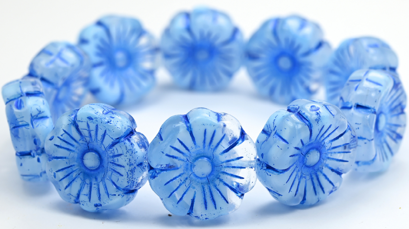 Hawaii Flower Pressed Glass Beads, 66018 Blue Lined (66018-54309), Glass, Czech Republic ~ STRANDED