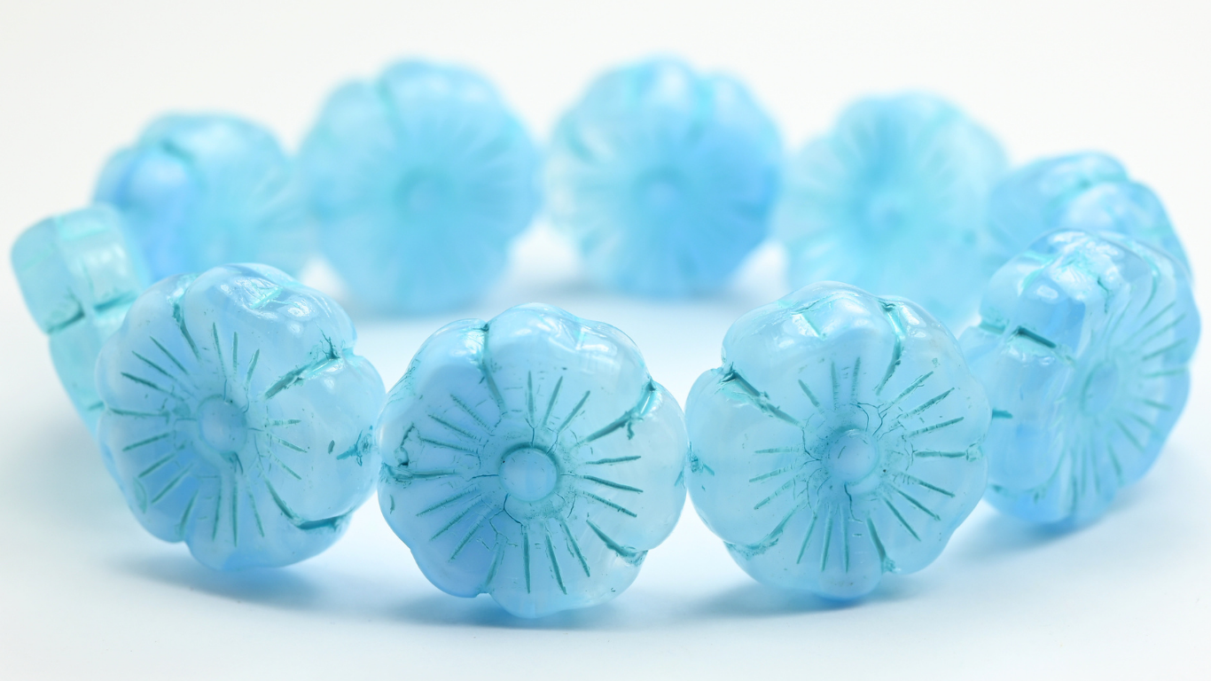 Hawaii Flower Pressed Glass Beads, 66018 Light Blue Lined (66018-54308), Glass, Czech Republic ~ STRANDED