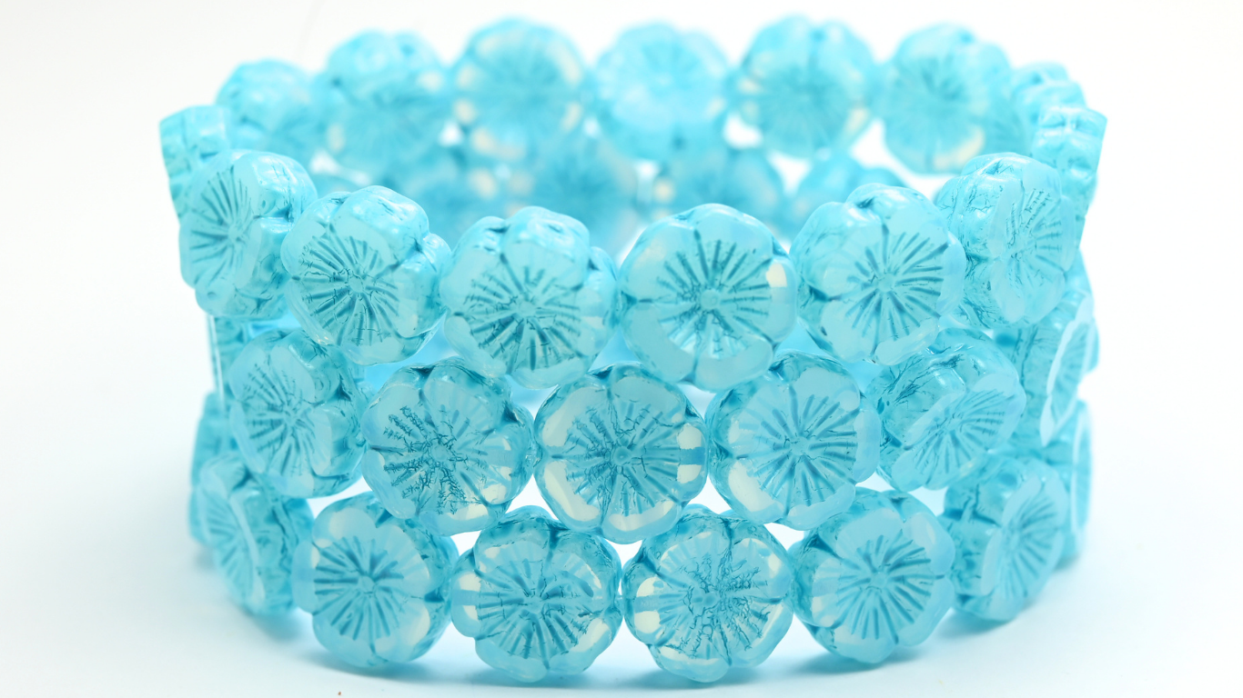 Table Cut Round Beads Hawaii Flowers, Opal White Turqouise Spotted (01000-33309), Glass, Czech Republic ~ STRANDED