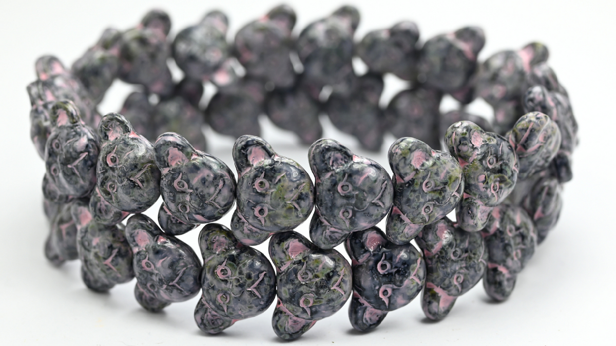Sad Bear Muzzle Beads, Black Travertin Warm Purple Spotted (1419-23980-86-33304), Glass, Czech Republic ~ STRANDED