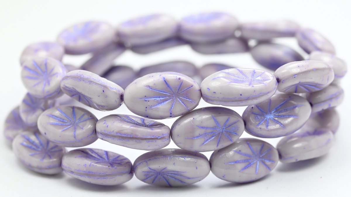 Oval With Rays Pressed Glass Beads, Violet Moonlight Blue Purple Lined (1910-26016-43809), Glass, Czech Republic ~ STRANDED