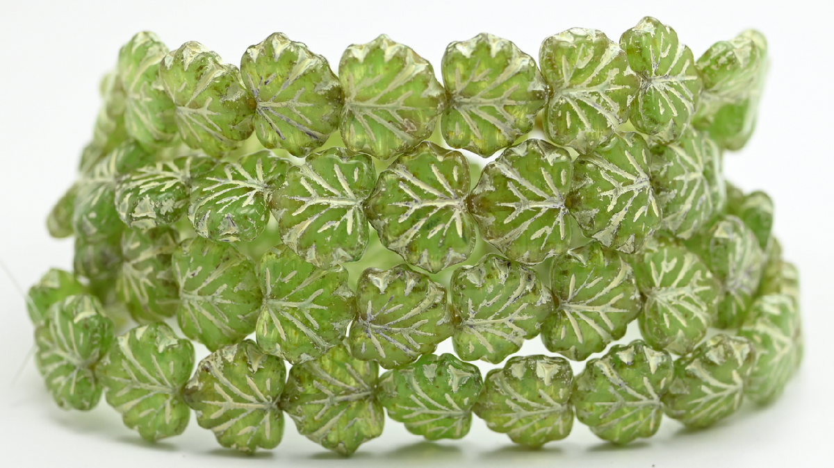 Maple Leaf Beads, Opal Green Travertin Beige Lined (1311-51010-86-54311), Glass, Czech Republic ~ STRANDED
