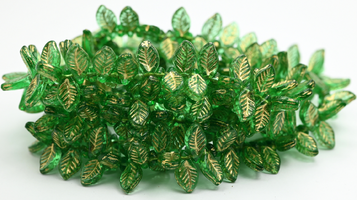 Elm Leaf Pressed Glass Beads, 50600 Gold Lined (126-50600-54202), Glass, Czech Republic ~ STRANDED