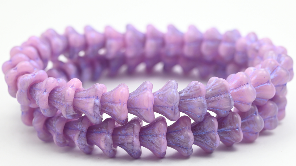 Bell Flower Pressed Glass Beads, Mixed Colors Pink Blue Purple Lined (MIX-PINK-43809), Glass, Czech Republic ~ STRANDED