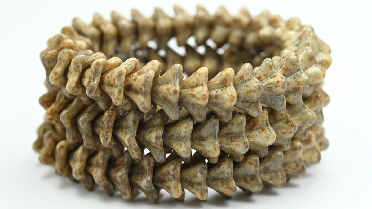Bell Flower Pressed Glass Beads, White Travertin Beige Spotted (02010-86-33312), Glass, Czech Republic ~ STRANDED