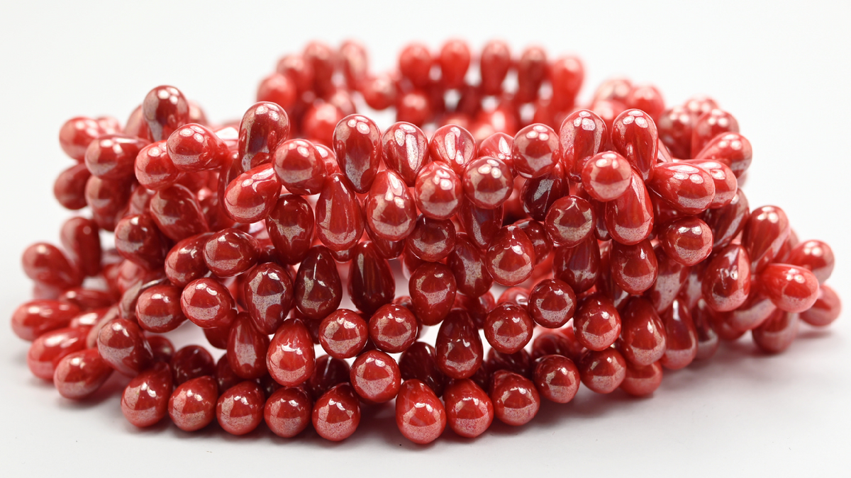 Pear Teardrop Pressed Glass Beads, Red Hematite (69-96026-14400), Glass, Czech Republic ~ STRANDED