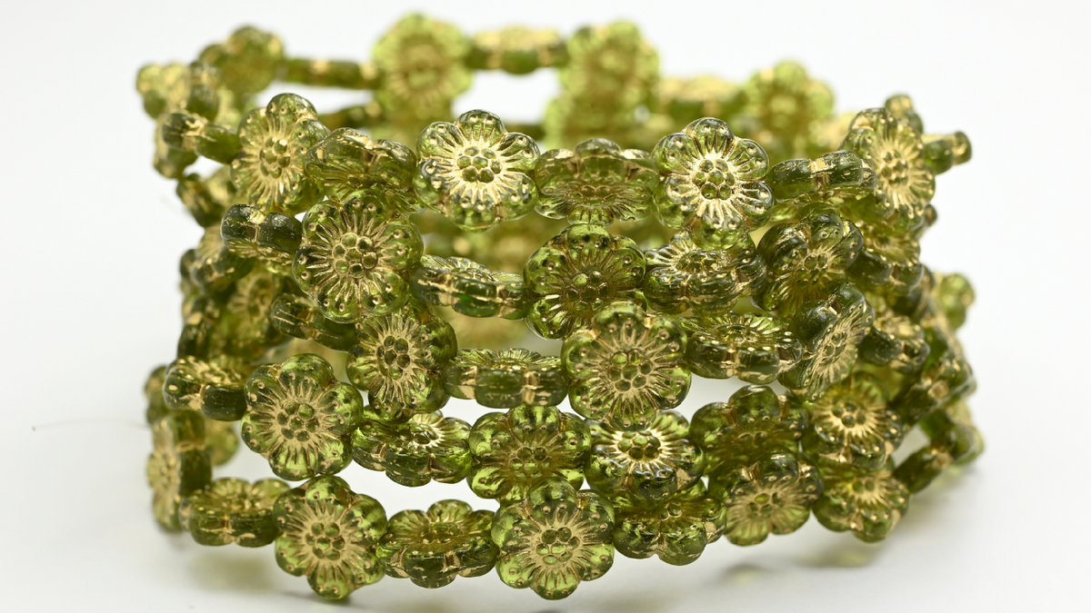 Flower Pressed Glass Beads, Transparent Green Gold Lined (14-50220-54202), Glass, Czech Republic ~ STRANDED