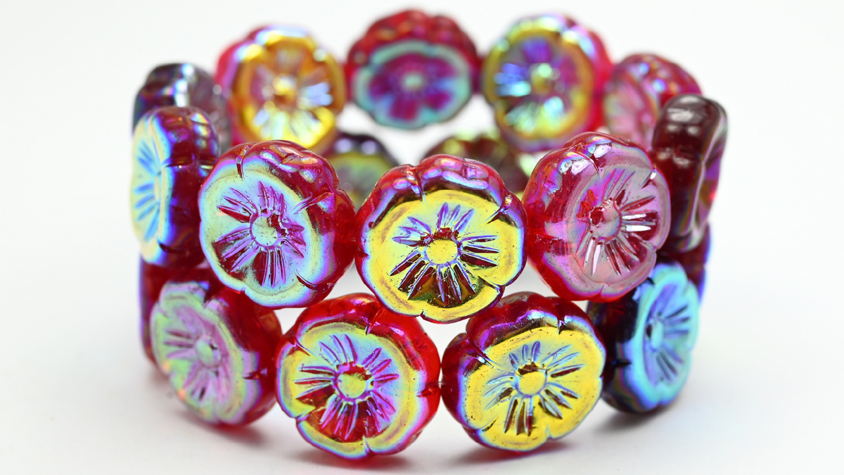 Hawaii Flower Pressed Glass Beads, Mixed Colors Ruby Ab 2X (MIX-RUBY-AB-2X), Glass, Czech Republic ~ STRANDED