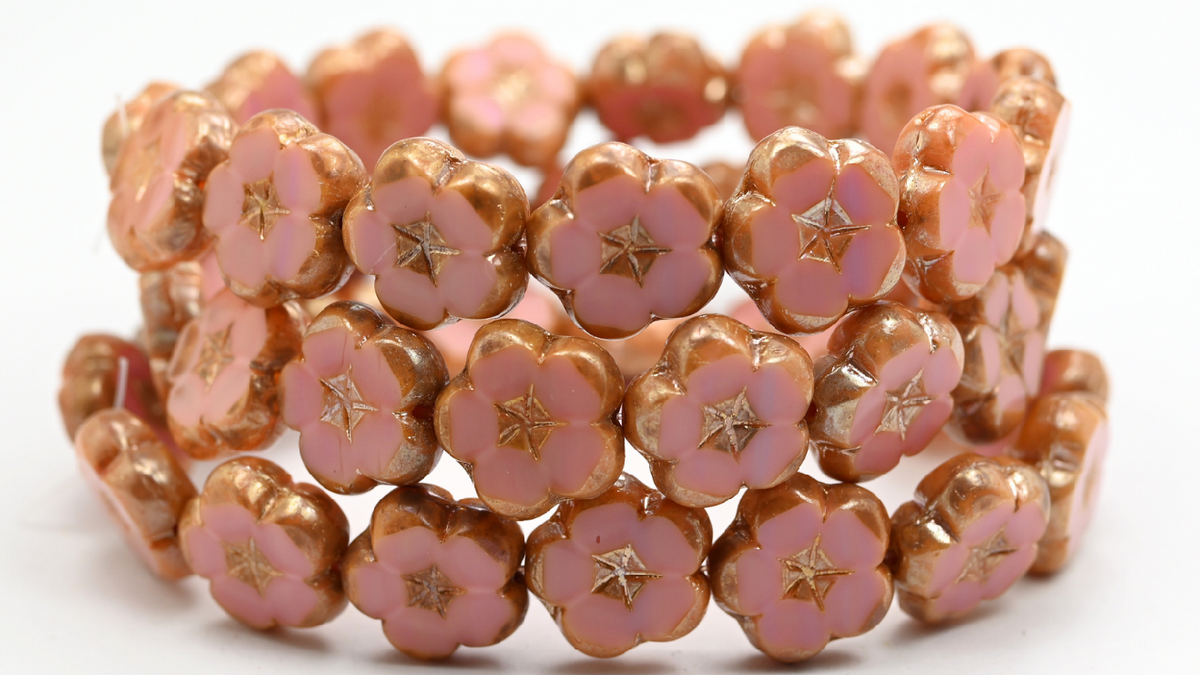 Table Cut Flower Beads, Opaque Pink Picasso (74020-43400), Glass, Czech Republic ~ STRANDED