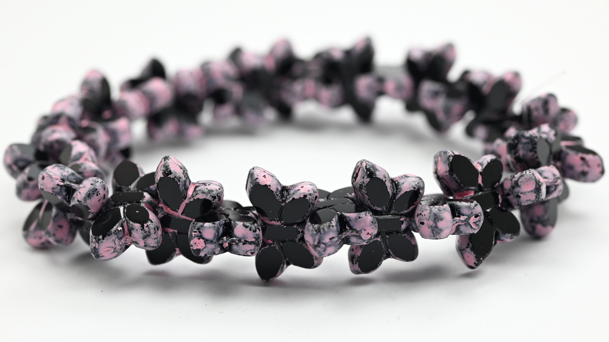 Table Cut Butterfly Beads, Black Warm Purple Spotted (23980-33304), Glass, Czech Republic ~ STRANDED