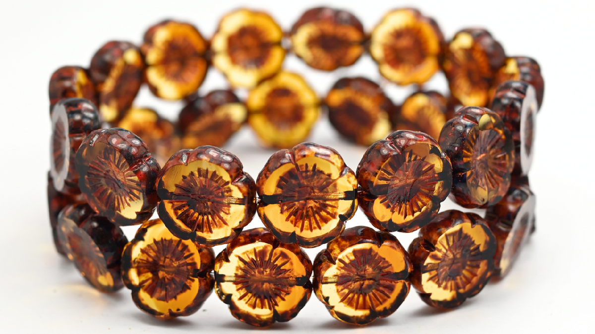 Table Cut Round Beads Hawaii Flowers, Transparent Light Topaz Yellow Travertin Beige Orange Spotted (1002008-86-33307), Glass, Czech Republic ~ STRANDED