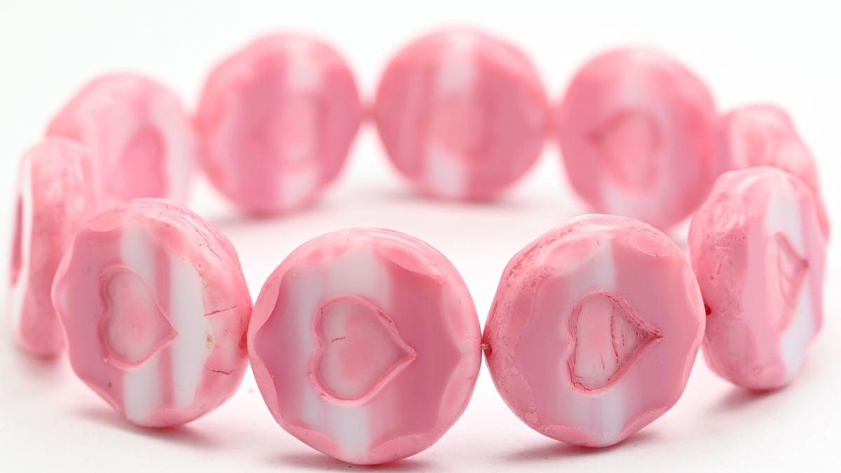 Table Cut Round Beads With Heart, Pink 43608Lava (07724-43608LAVA), Glass, Czech Republic ~ STRANDED