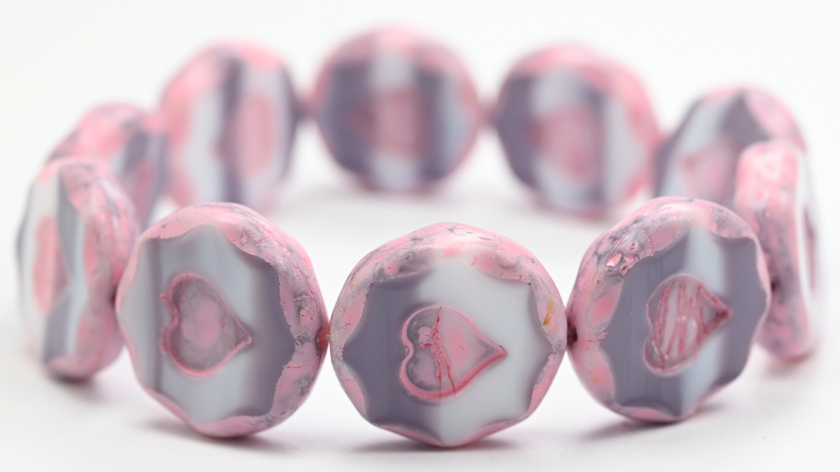 Table Cut Round Beads With Heart, Pink Warm Purple Spotted (07724-33304), Glass, Czech Republic ~ STRANDED