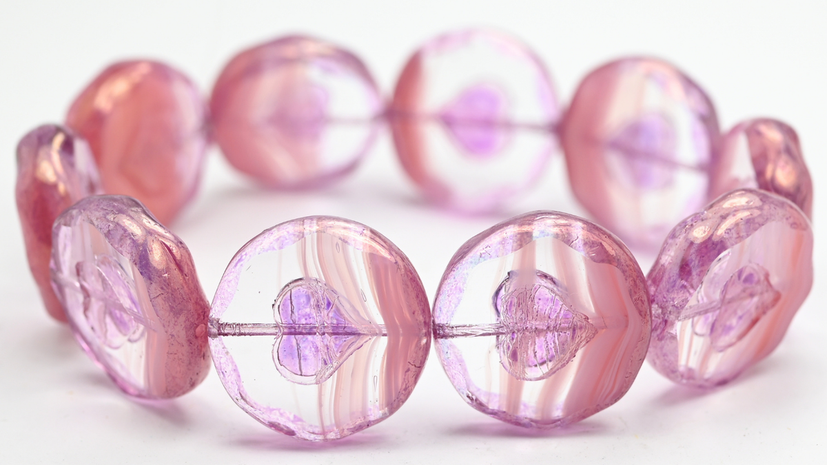 Table Cut Round Beads With Heart, Opaque Pink Luster Lila (76028-14494), Glass, Czech Republic ~ STRANDED