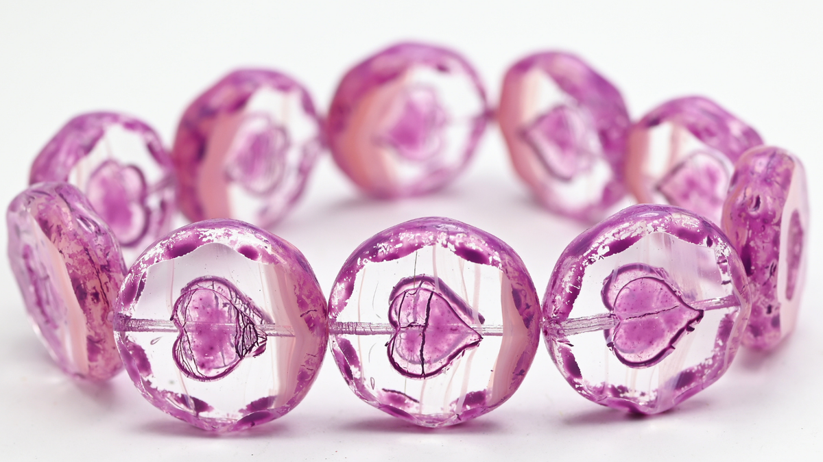 Table Cut Round Beads With Heart, Opaque Pink Pink Spotted (76028-33306), Glass, Czech Republic ~ STRANDED