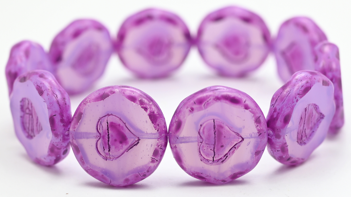 Table Cut Round Beads With Heart, Opal Amethyst Pink Spotted (21310-33306), Glass, Czech Republic ~ STRANDED