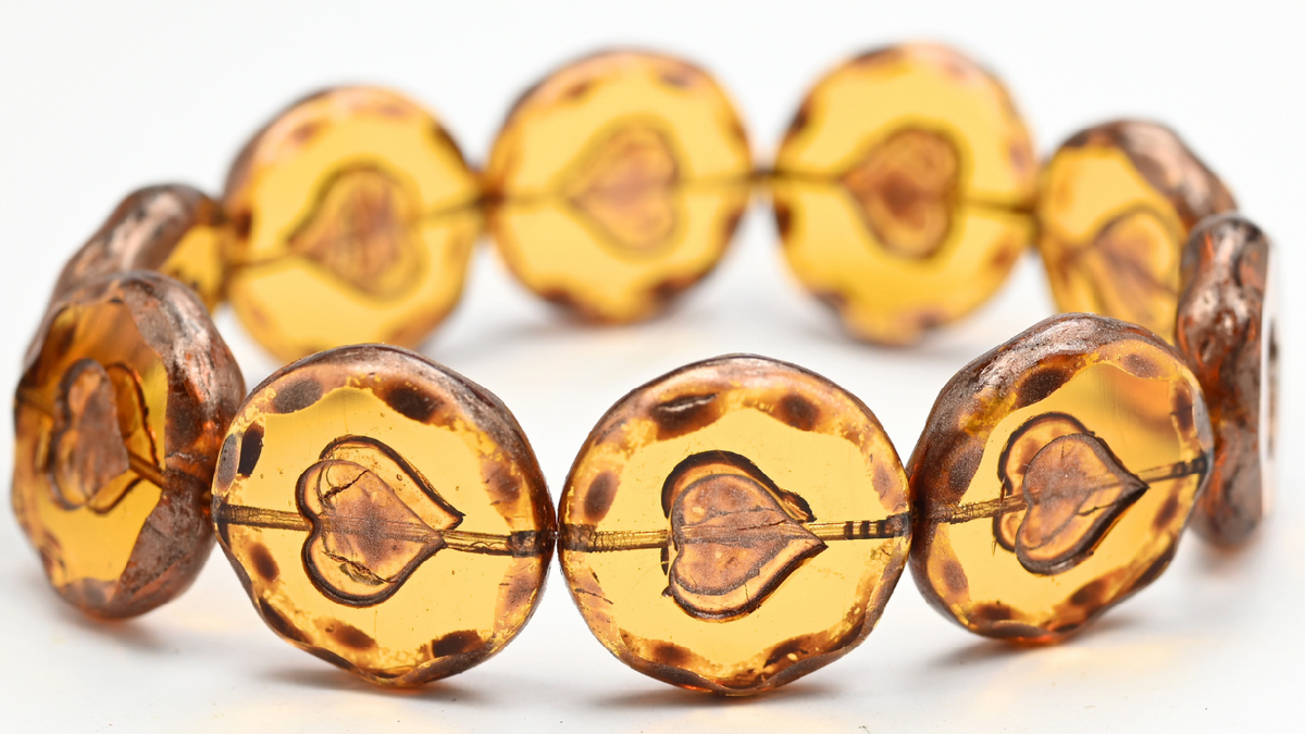 Table Cut Round Beads With Heart, Transparent Orange Copper Splash (10060-86750), Glass, Czech Republic ~ STRANDED