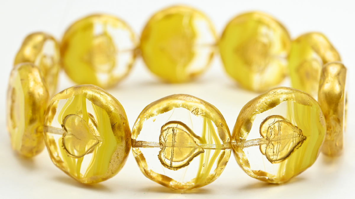 Table Cut Round Beads With Heart, Crystal Yellow Gold Splash (86018-86720), Glass, Czech Republic ~ STRANDED