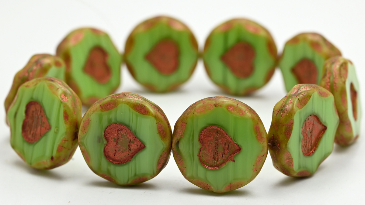 Table Cut Round Beads With Heart, 56006 Travertin Copper Lined (56006-86-55307), Glass, Czech Republic ~ STRANDED