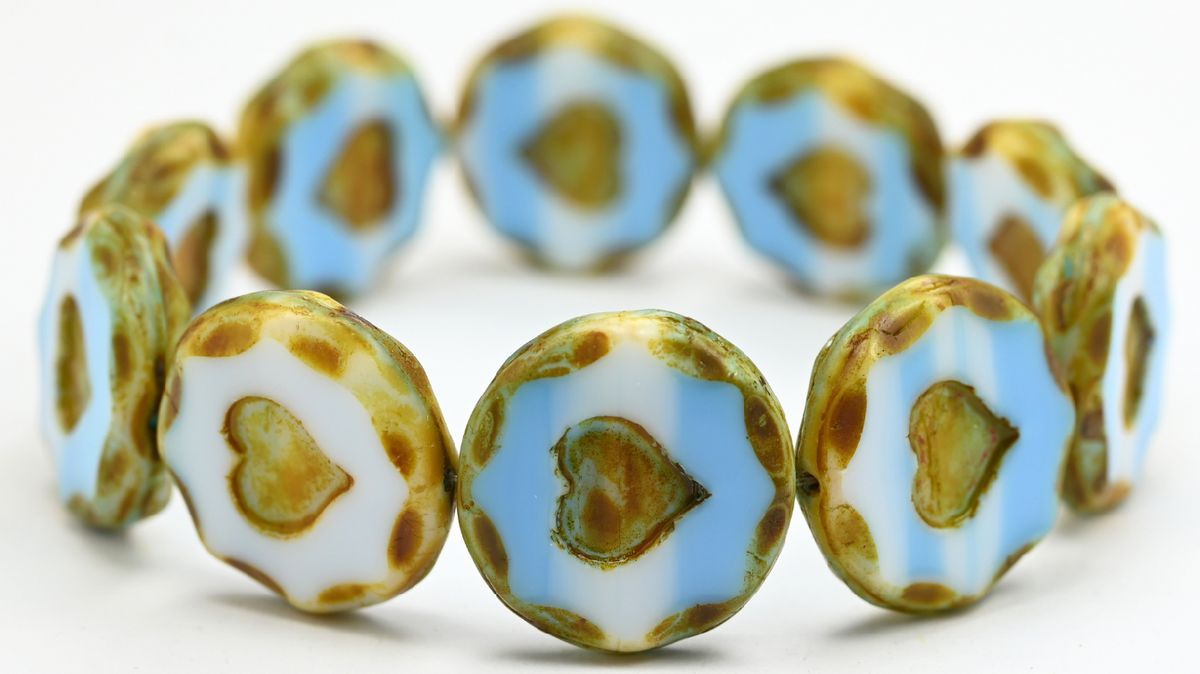 Table Cut Round Beads With Heart, Blue White Travertin (07624B-86800), Glass, Czech Republic ~ STRANDED