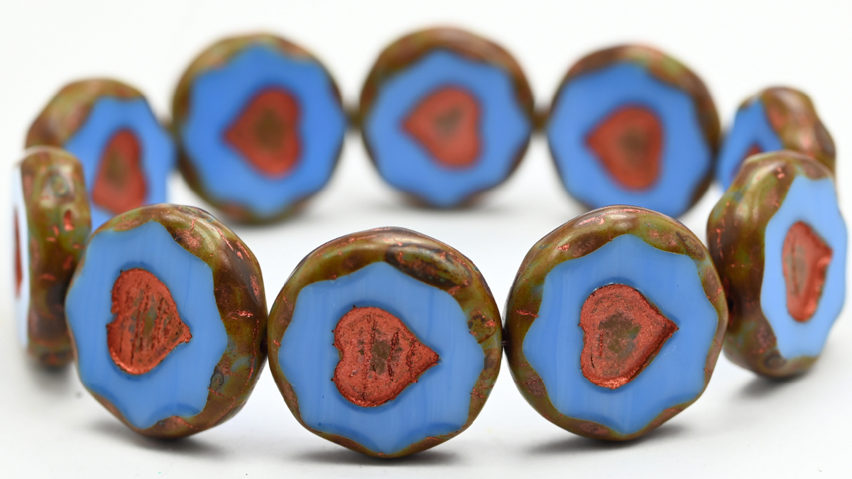 Table Cut Round Beads With Heart, Turquise Travertin Copper Lined (64020-86-55307), Glass, Czech Republic ~ STRANDED