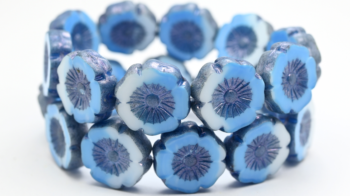 Table Cut Round Beads Hawaii Flowers, Blue White Luster Blue Full Coated (07624-14464), Glass, Czech Republic ~ STRANDED