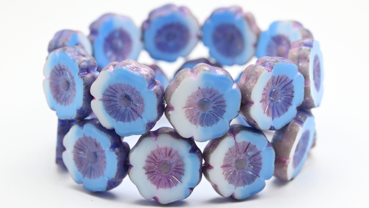 Table Cut Round Beads Hawaii Flowers, Blue White Luster Lila (07624-14494), Glass, Czech Republic ~ STRANDED